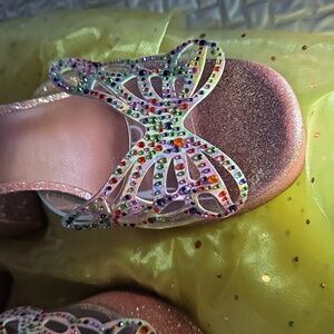 Copper Key Glitter Butterfly Strap Block Heel Sandals -  Pink Rhinestone 7.5M